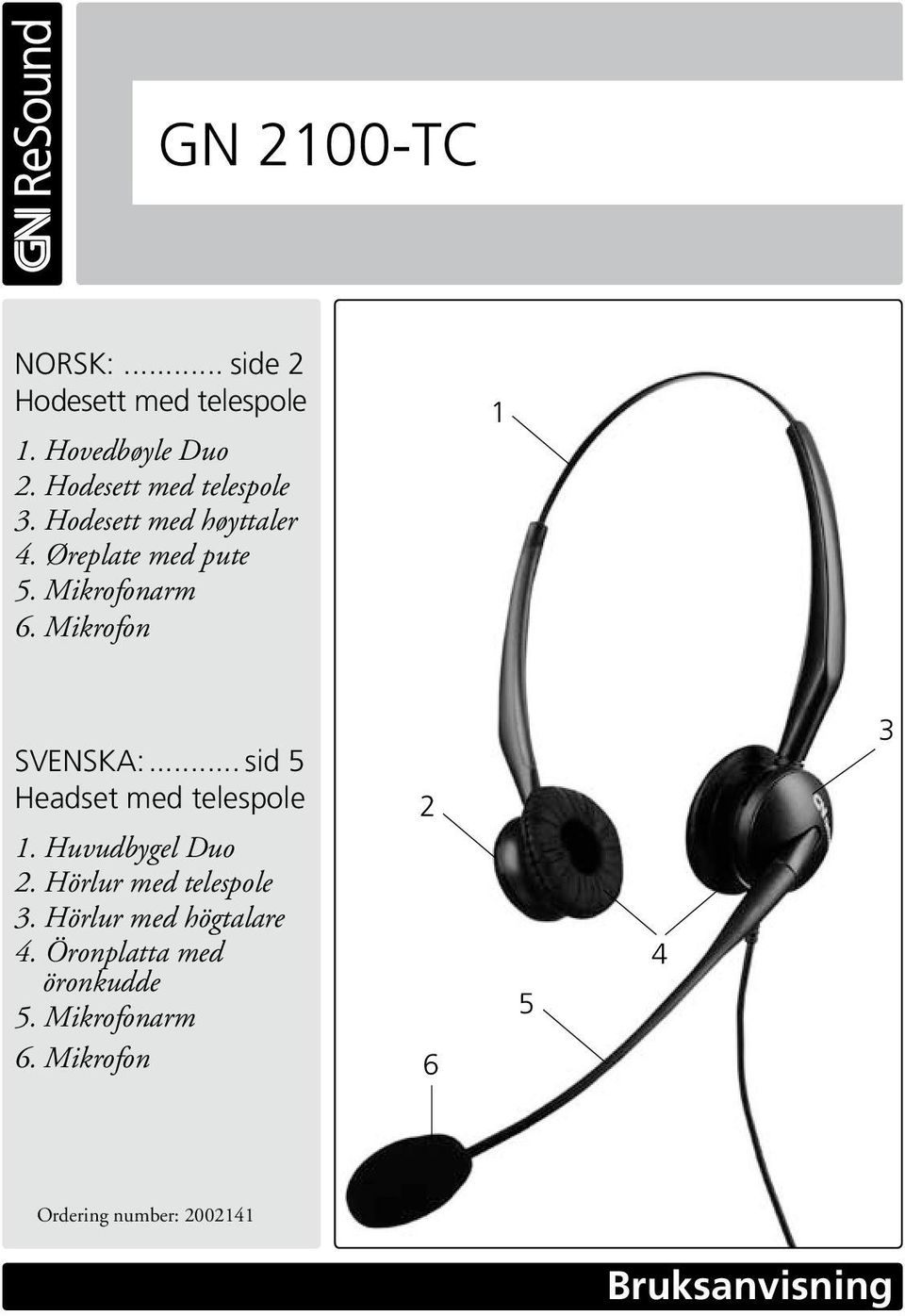 Mikrofon 1 SVENSKA:... sid 5 Headset med telespole 1. Huvudbygel Duo 2. Hörlur med telespole 3.
