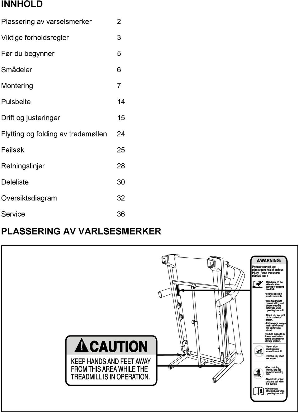 15 Flytting og folding av tredemøllen 24 Feilsøk 25 Retningslinjer 28