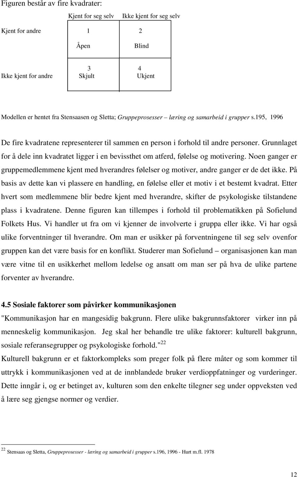 Grunnlaget for å dele inn kvadratet ligger i en bevissthet om atferd, følelse og motivering. Noen ganger er gruppemedlemmene kjent med hverandres følelser og motiver, andre ganger er de det ikke.