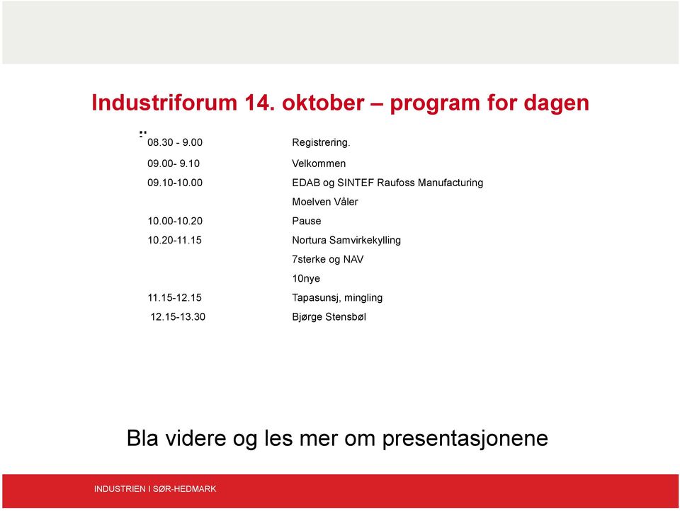 00-10.20 Pause 10.20-11.15 Nortura Samvirkekylling 7sterke og NAV 10nye 11.15-12.