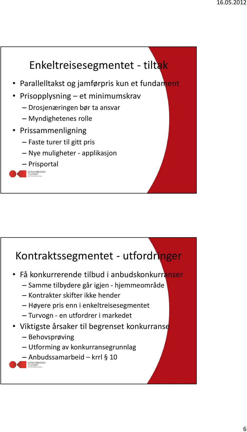 konkurrerende tilbud i anbudskonkurranser Samme tilbydere går igjen - hjemmeområde Kontrakter skifter ikke hender Høyere pris enn i