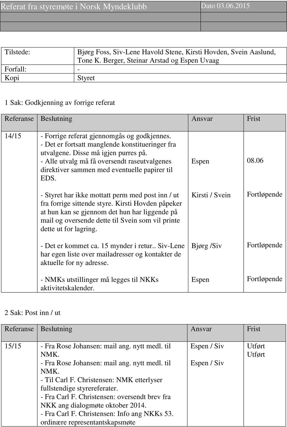 Disse må igjen purres på. - Alle utvalg må få oversendt raseutvalgenes direktiver sammen med eventuelle papirer til EDS. - Styret har ikke mottatt perm med post inn / ut fra forrige sittende styre.