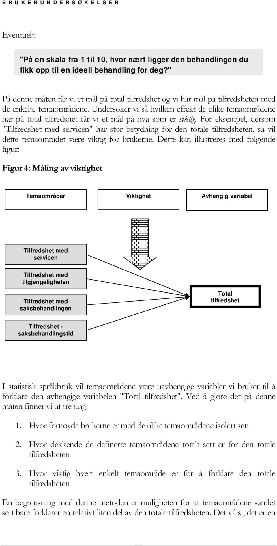 Undersøker vi så hvilken effekt de ulike temaområdene har på total tilfredshet får vi et mål på hva som er viktig.