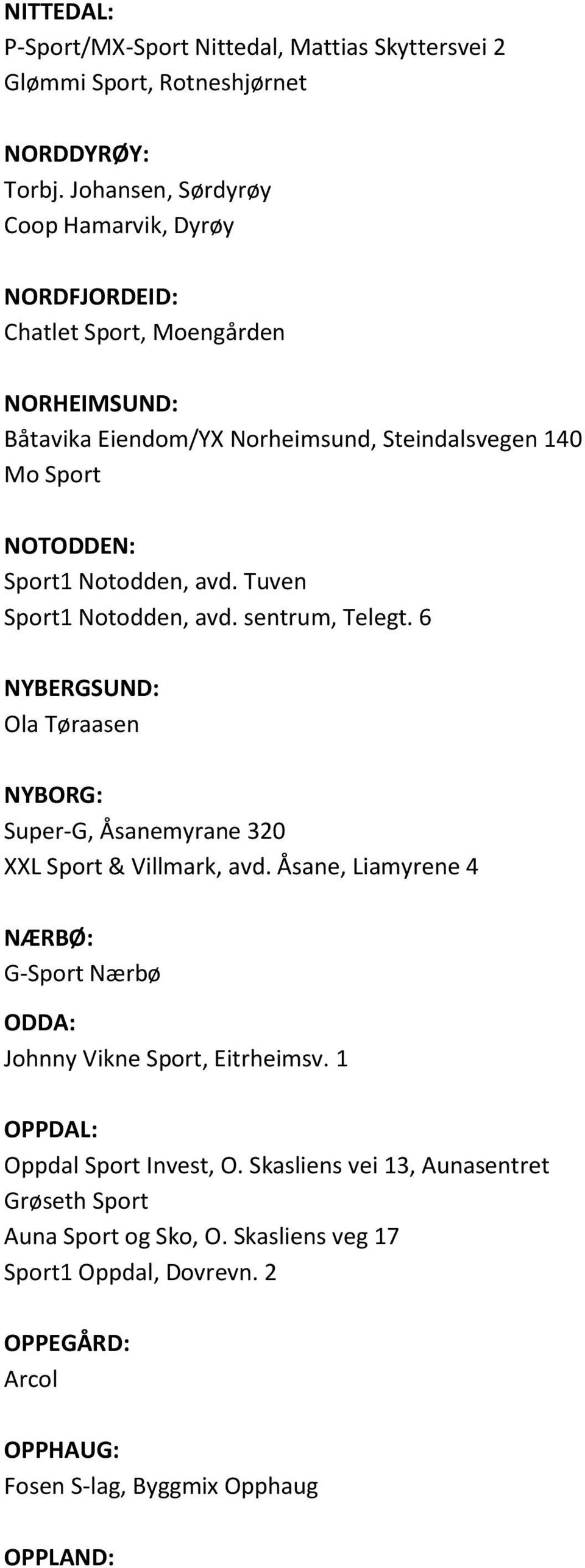 Notodden, avd. Tuven Sport1 Notodden, avd. sentrum, Telegt. 6 NYBERGSUND: Ola Tøraasen NYBORG: Super-G, Åsanemyrane 320 XXL Sport & Villmark, avd.