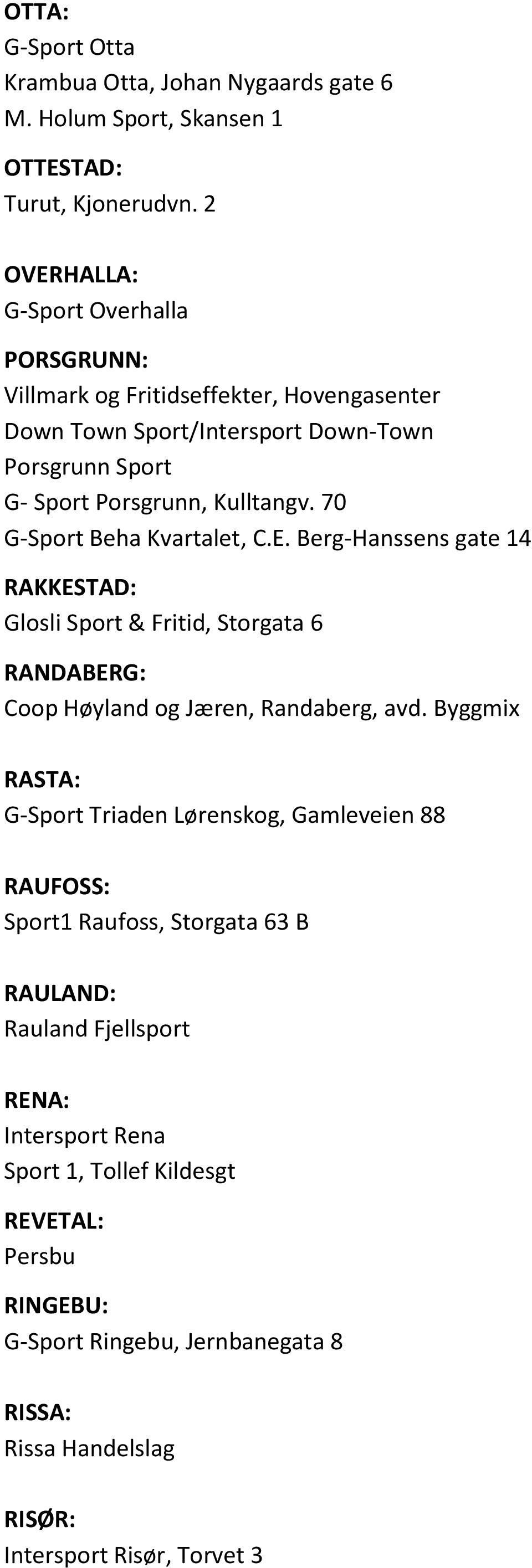 70 G-Sport Beha Kvartalet, C.E. Berg-Hanssens gate 14 RAKKESTAD: Glosli Sport & Fritid, Storgata 6 RANDABERG: Coop Høyland og Jæren, Randaberg, avd.