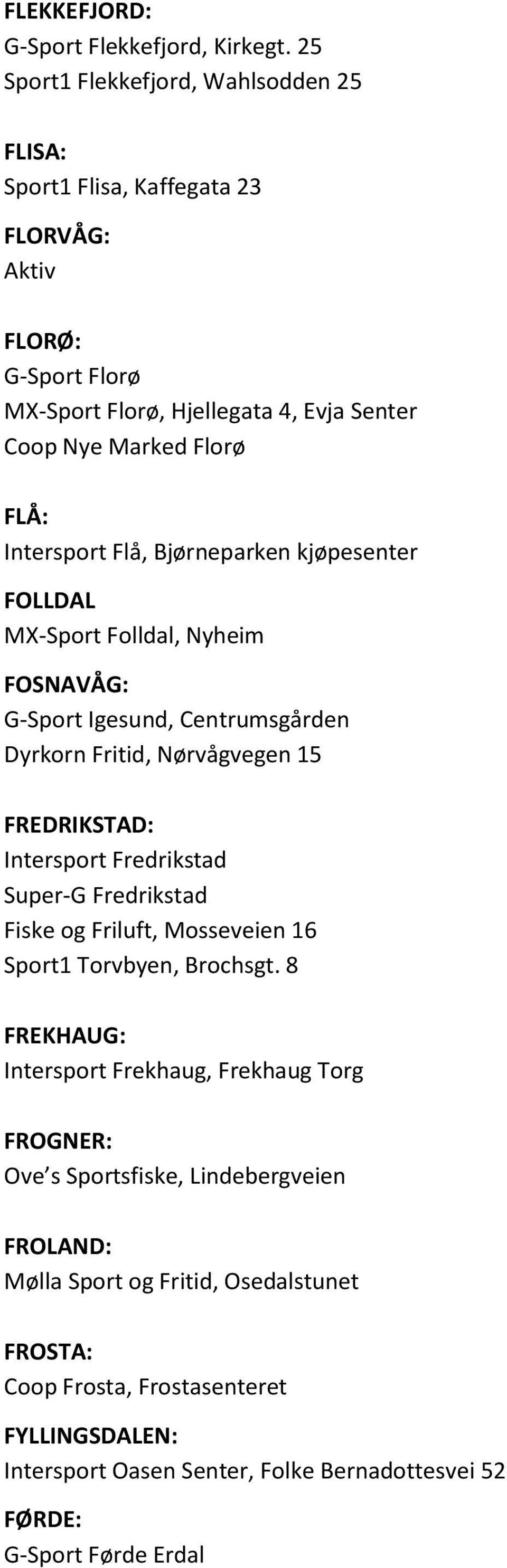 Intersport Flå, Bjørneparken kjøpesenter FOLLDAL MX-Sport Folldal, Nyheim FOSNAVÅG: G-Sport Igesund, Centrumsgården Dyrkorn Fritid, Nørvågvegen 15 FREDRIKSTAD: Intersport Fredrikstad