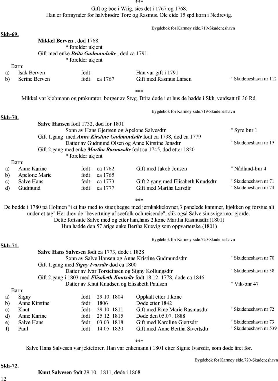 * forelder ukjent a) Isak Berven født: Han var gift i 1791 b) Serine Berven født: ca 1767 Gift med Rasmus Larsen " Skudeneshavn nr 112 Mikkel var kjøbmann og prokurator, borger av Stvg.