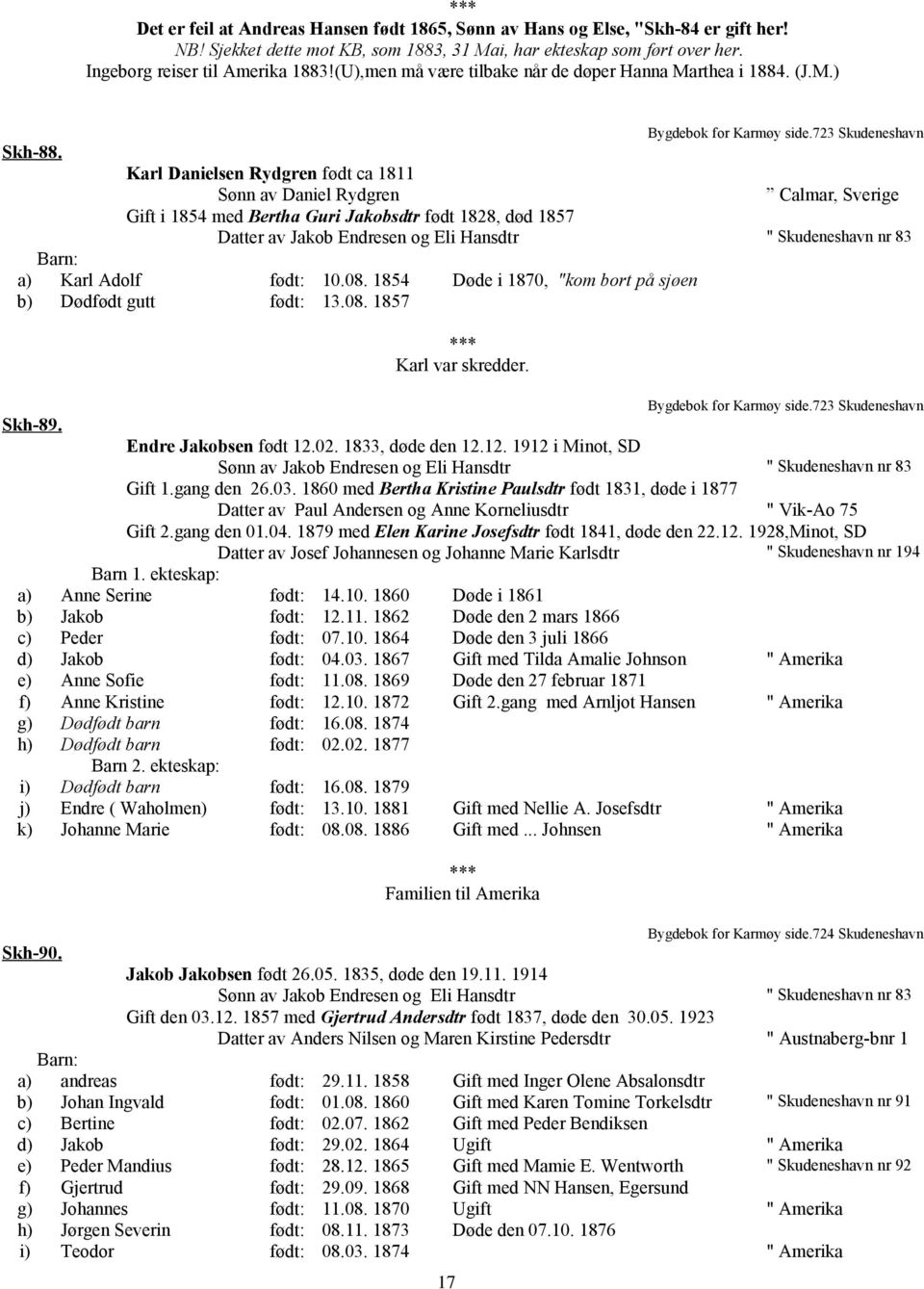 Karl Danielsen Rydgren født ca 1811 Sønn av Daniel Rydgren Calmar, Sverige Gift i 1854 med Bertha Guri Jakobsdtr født 1828, død 1857 Datter av Jakob Endresen og Eli Hansdtr " Skudeneshavn nr 83 a)