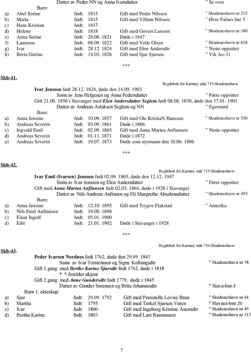 1822 Gift med Vetle Olsen Skudeneshavn nr 618 g) Ivar født: 28.12. 1824 Gift med Elen Andersdtr Neste oppsitter h) Berta Gurine født: 14.03. 1826 Gift med Sjur Sjursen Vik Ao-31 Skh-41.