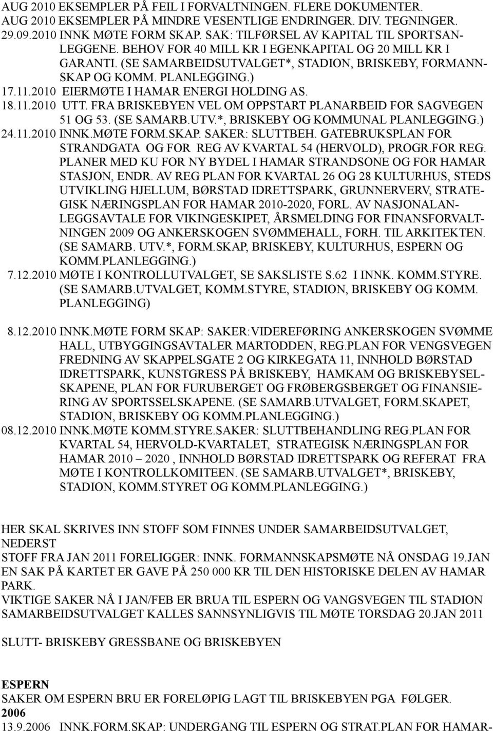 2010 EIERMØTE I HAMAR ENERGI HOLDING AS. 18.11.2010 UTT. FRA BRISKEBYEN VEL OM OPPSTART PLANARBEID FOR SAGVEGEN 51 OG 53. (SE SAMARB.UTV.*, BRISKEBY OG KOMMUNAL PLANLEGGING.) 24.11.2010 INNK.