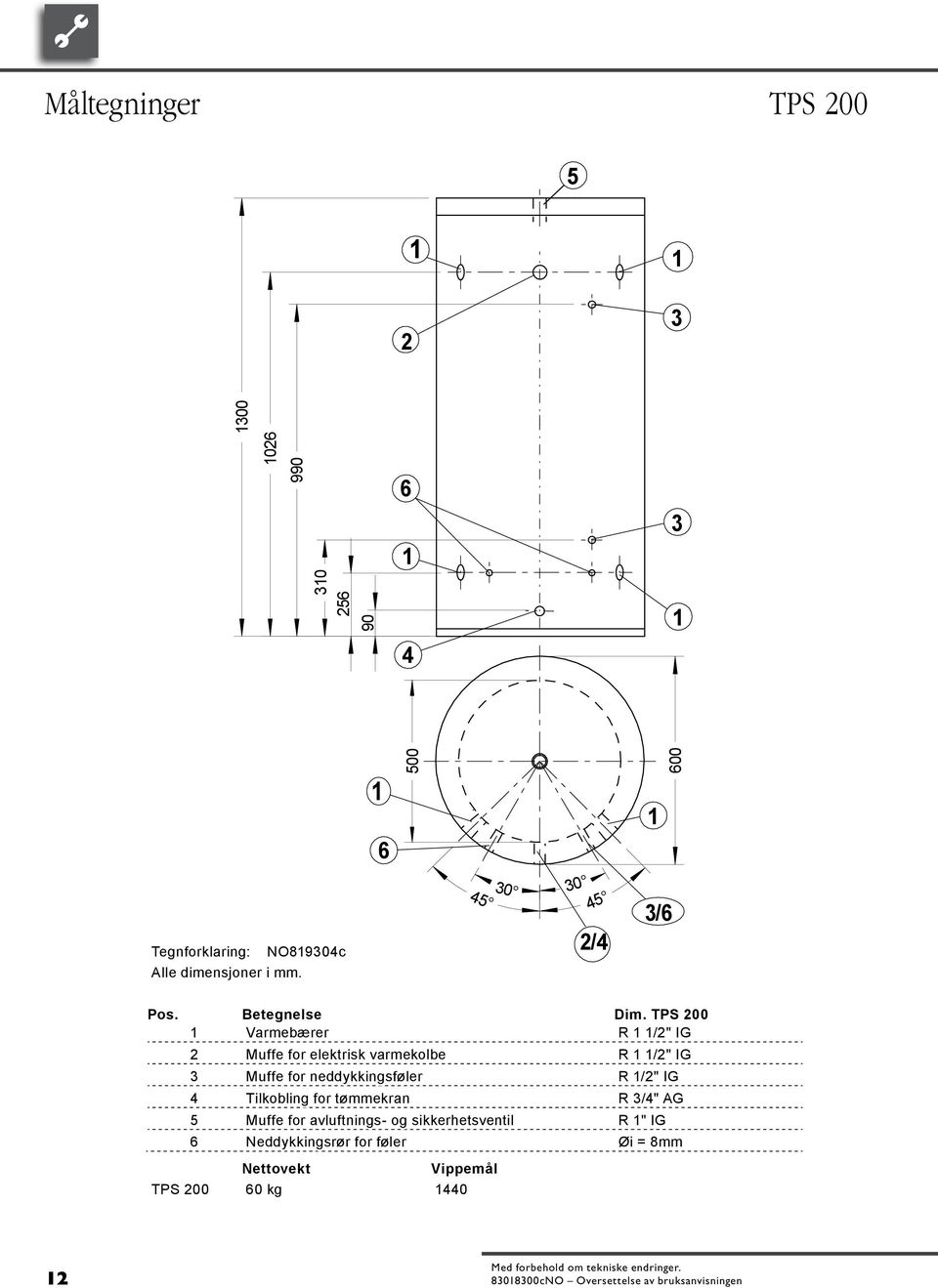 TPS 00 R /" IG Heizwasser 4 Tilkobling for tømmekran R /" IG R /4" G Muffe für Elektoheizstab 5 Muffe for avluftnings- og sikkerhetsventil R /" IG R " IG Muffe für Fühlertauchhülse 6