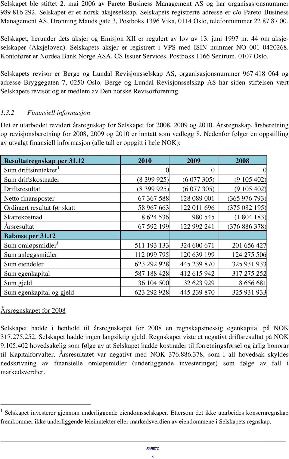 Selskapet, herunder dets aksjer og Emisjon XII er regulert av lov av 13. juni 1997 nr. 44 om aksjeselskaper (Aksjeloven). Selskapets aksjer er registrert i VPS med ISIN nummer NO 001 0420268.