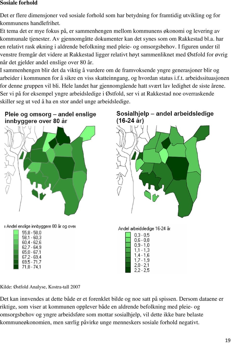 I figuren under til venstre fremgår det videre at Rakkestad ligger relativt høyt sammenliknet med Østfold for øvrig når det gjelder andel enslige over 80 år.