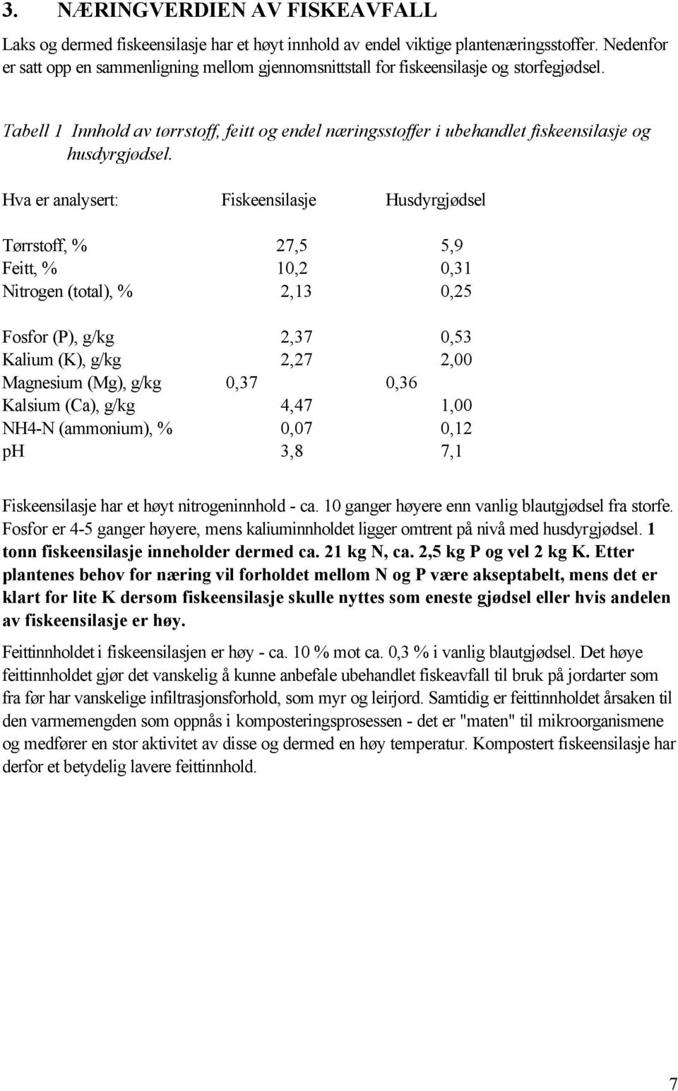 Tabell 1 Innhold av tørrstoff, feitt og endel næringsstoffer i ubehandlet fiskeensilasje og husdyrgjødsel.
