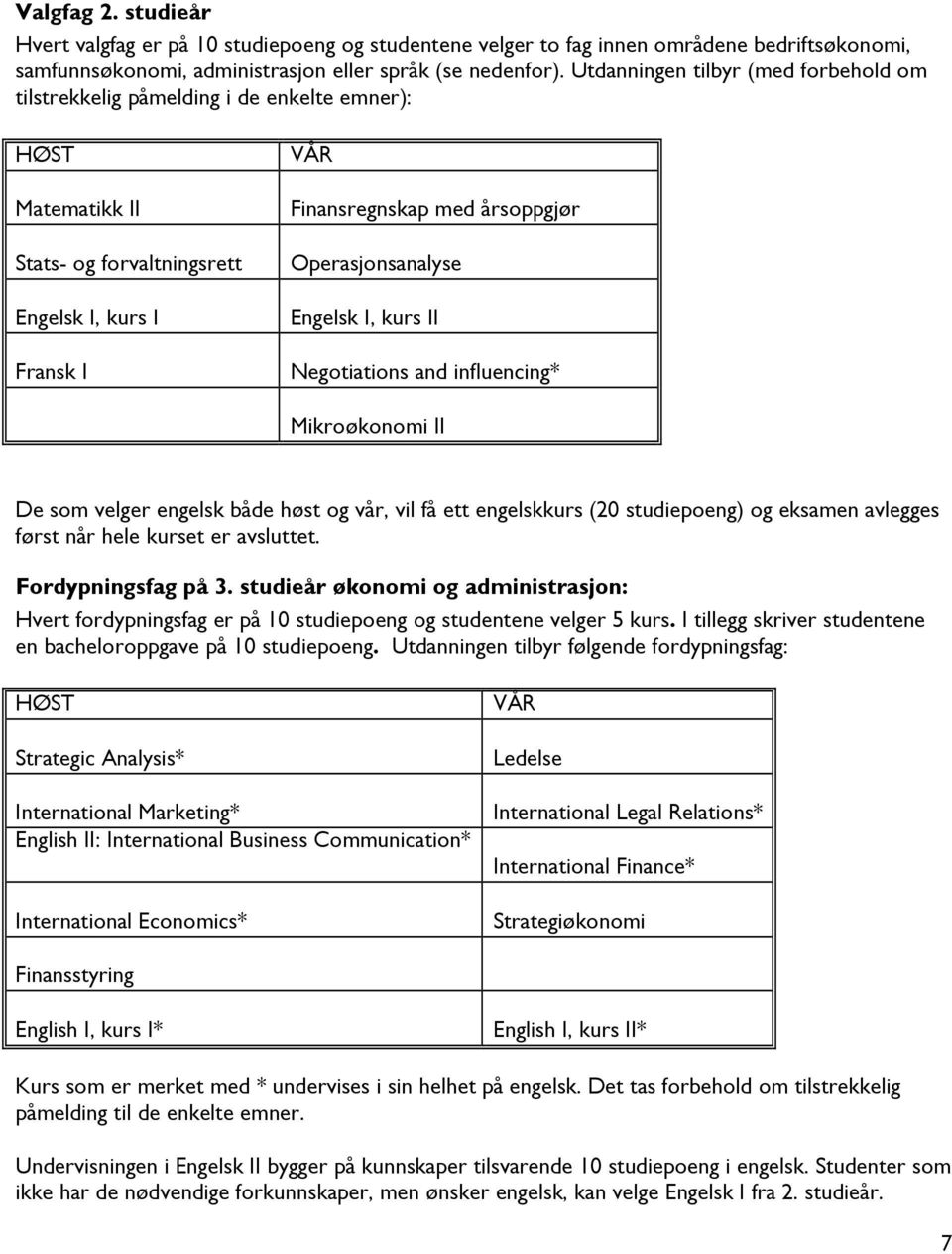 Operasjonsanalyse Engelsk I, kurs II Negotiations and influencing* Mikroøkonomi II De som velger engelsk både høst og vår, vil få ett engelskkurs (20 studiepoeng) og eksamen avlegges først når hele