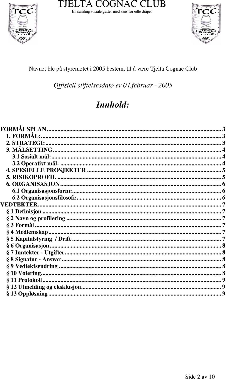 .. 6 VEDTEKTER... 7 1 Definisjon... 7 2 Navn og profilering... 7 3 Formål... 7 4 Medlemskap... 7 5 Kapitalstyring / Drift... 7 6 Organisasjon... 8 7 Inntekter - Utgifter.