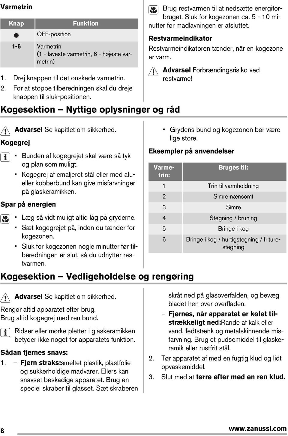 Sluk for kogezonen ca. 5-10 minutter før madlavningen er afsluttet. Restvarmeindikator Restvarmeindikatoren tænder, når en kogezone er varm. Advarsel Forbrændingsrisiko ved restvarme!