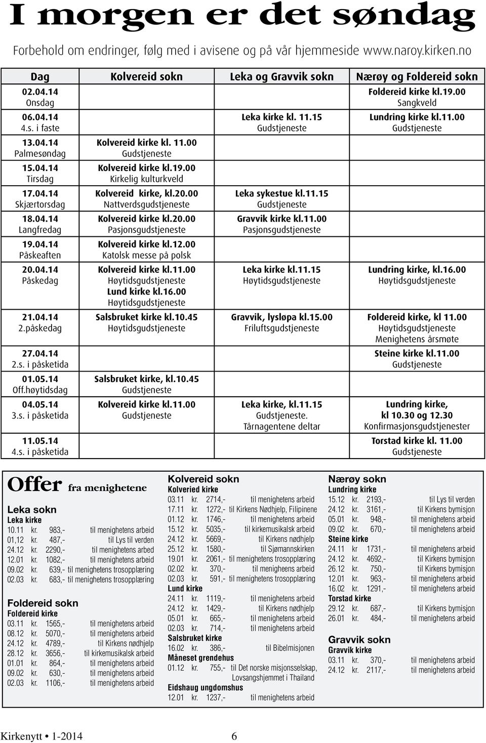 05.14 4.s. i påsketida Kolvereid kirke kl. 11.00 Kolvereid kirke kl.19.00 Kirkelig kulturkveld Kolvereid kirke, kl.20.00 Nattverdsgudstjeneste Kolvereid kirke kl.20.00 Pasjonsgudstjeneste Kolvereid kirke kl.