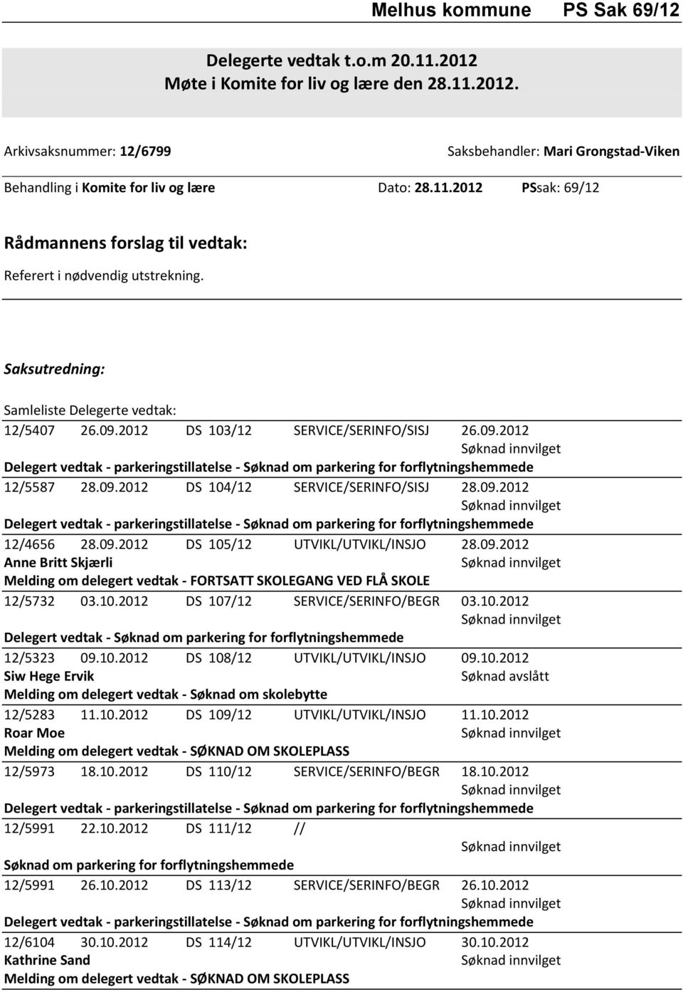 2012 DS 103/12 SERVICE/SERINFO/SISJ 26.09.2012 Søknad innvilget Delegert vedtak - parkeringstillatelse - Søknad om parkering for forflytningshemmede 12/5587 28.09.2012 DS 104/12 SERVICE/SERINFO/SISJ 28.