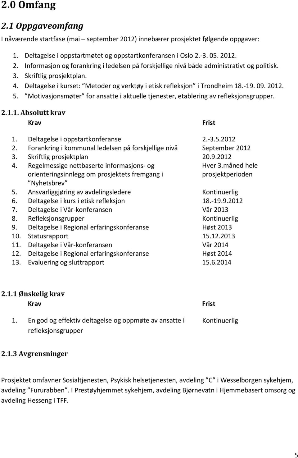 Motivasjonsmøter for ansatte i aktuelle tjenester, etablering av refleksjonsgrupper. 2.1.1. Absolutt krav Krav Frist 1. Deltagelse i oppstartkonferanse 2.-3.5.2012 2.