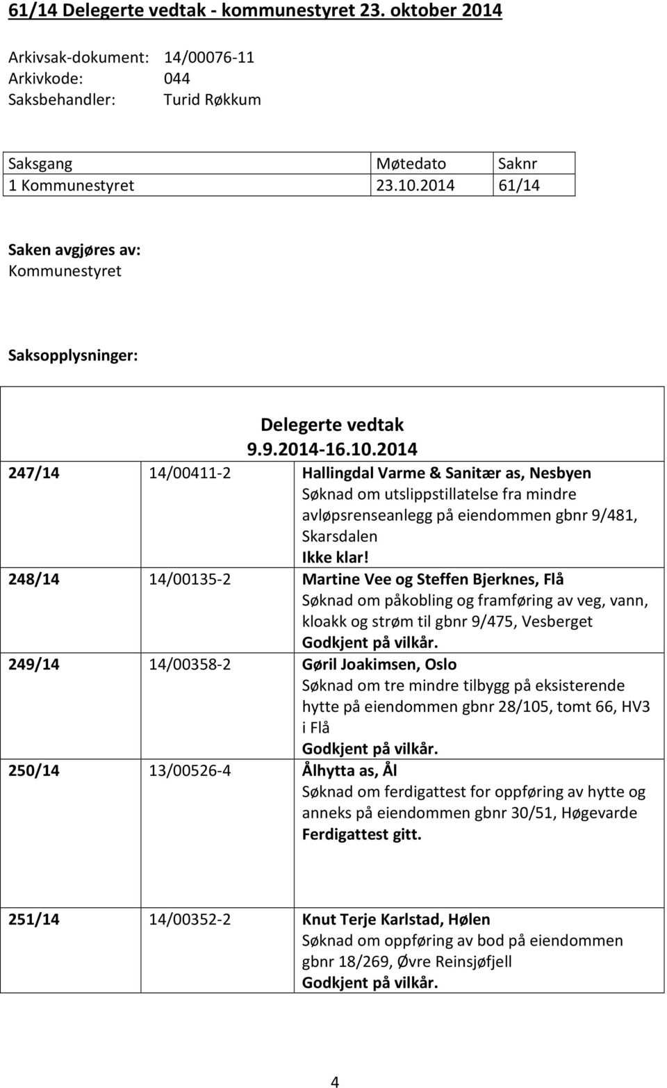 2014 247/14 14/00411-2 Hallingdal Varme & Sanitær as, Nesbyen Søknad om utslippstillatelse fra mindre avløpsrenseanlegg på eiendommen gbnr 9/481, Skarsdalen Ikke klar!