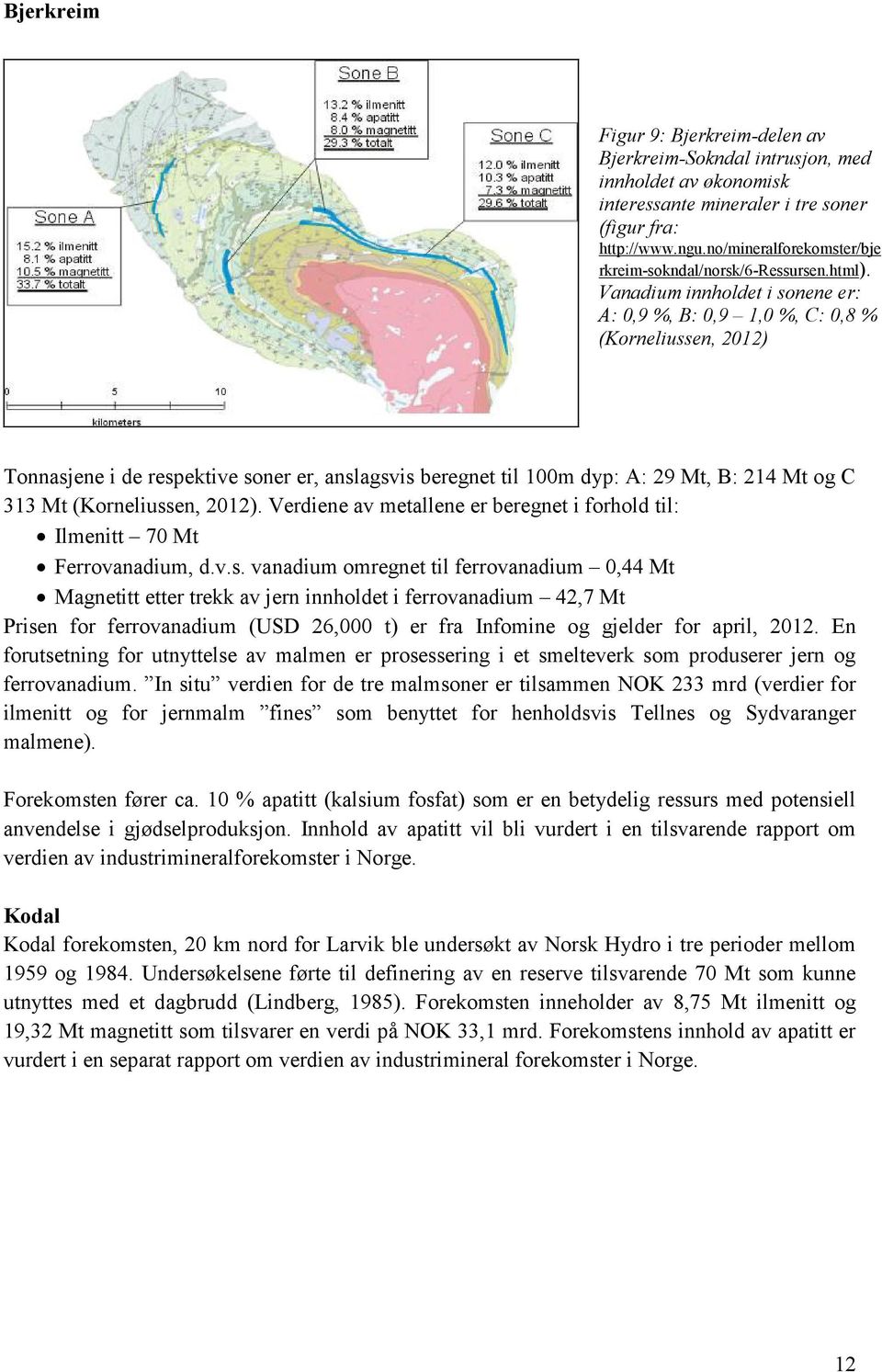 Vanadium innholdet i sonene er: A: 0,9 %, B: 0,9 1,0 %, C: 0,8 % (Korneliussen, 2012) Tonnasjene i de respektive soner er, anslagsvis beregnet til 100m dyp: A: 29 Mt, B: 214 Mt og C 313 Mt