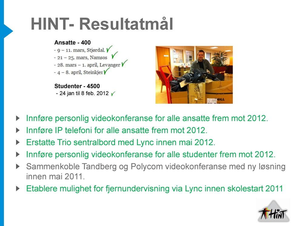 Innføre IP telefoni for alle ansatte frem mot 2012. Erstatte Trio sentralbord med Lync innen mai 2012.