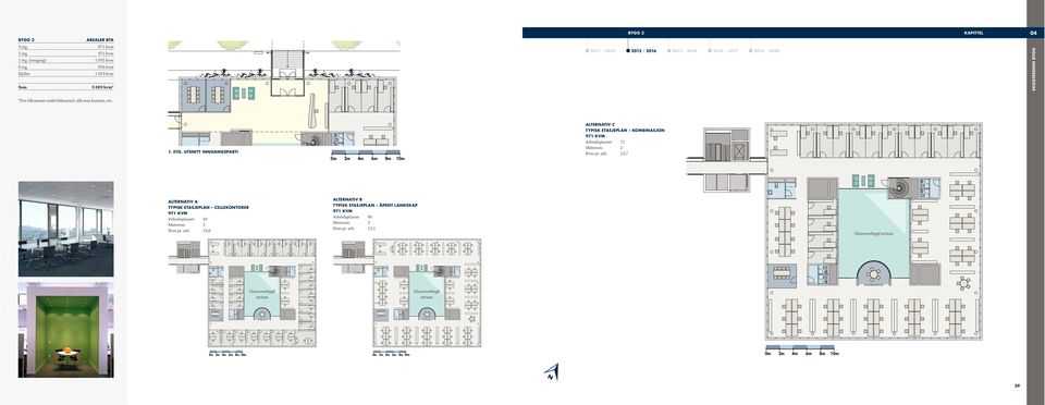 utsnitt inngangsparti 0m 2m 4m 6m 8m 10m Alternativ C Typisk etasjeplan Kombinasjon 971 kvm Arbeidsplasser 71 Møterom 2 Kvm pr. arb.