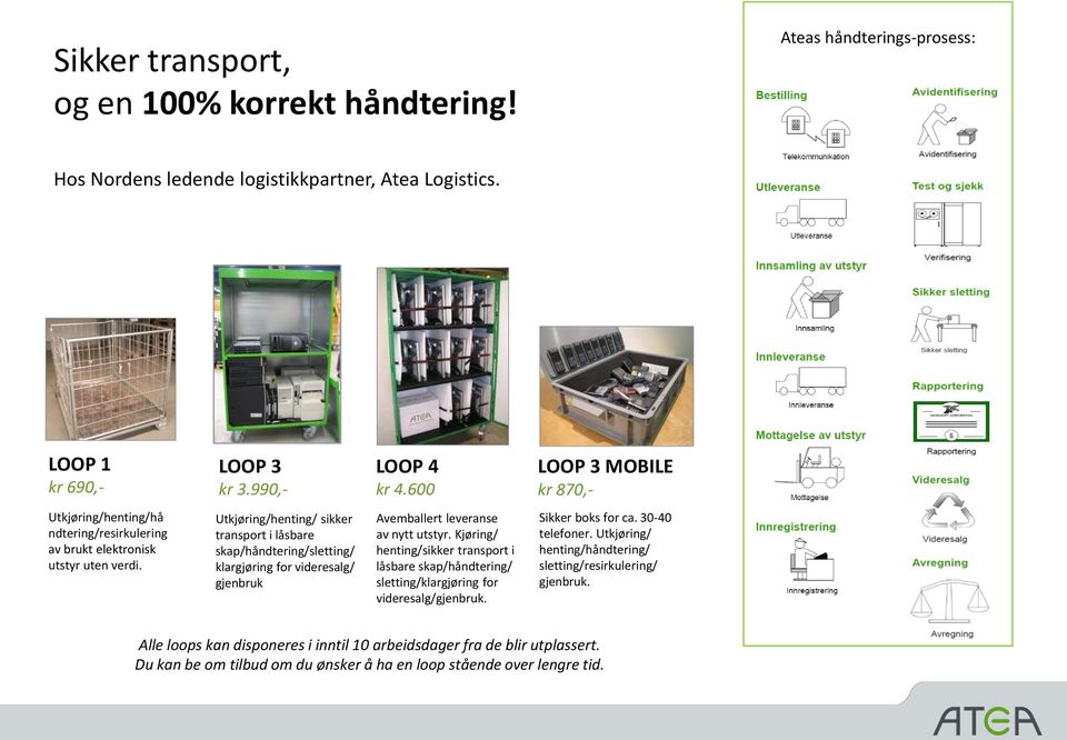 Utkjøring/henting/ sikker transport i låsbare skap/håndtering/sletting/ klargjøring for videresalg/ gjenbruk Avemballert leveranse av nytt utstyr.