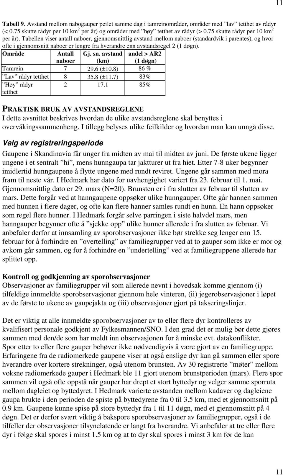 Tabellen viser antall naboer, gjennomsnittlig avstand mellom naboer (standardvik i parentes), og hvor ofte i gjennomsnitt naboer er lengre fra hverandre enn avstandsregel 2 (1 døgn).