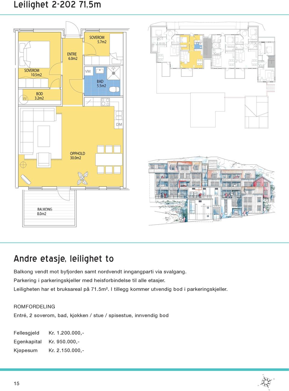 Parkering i parkeringskjeller med heisforbindelse til alle etasjer. Leiligheten har et bruksareal på 71.5m².