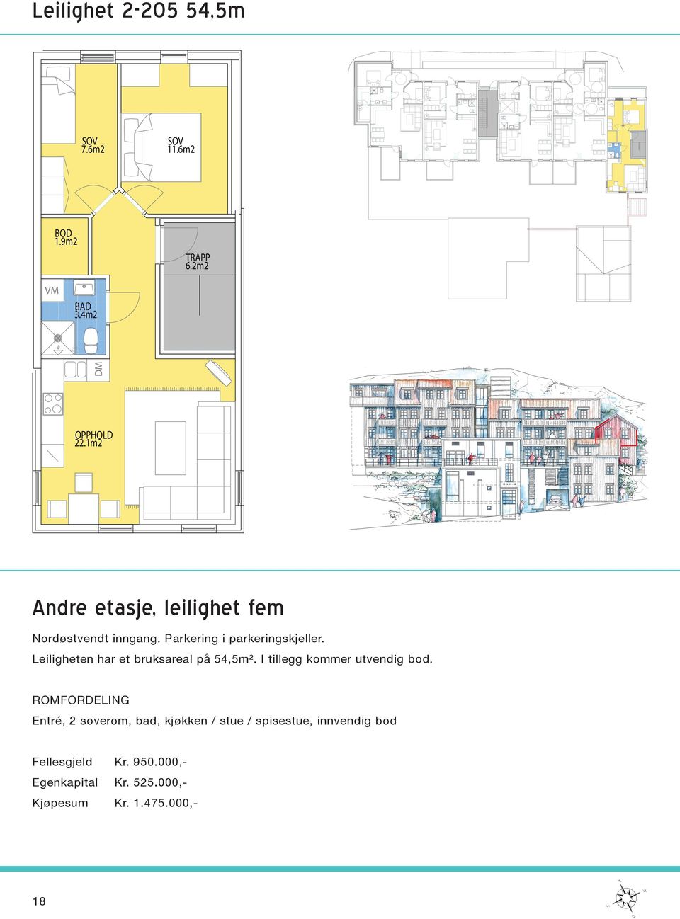 Leiligheten har et bruksareal på 54,5m². I tillegg kommer utvendig bod.