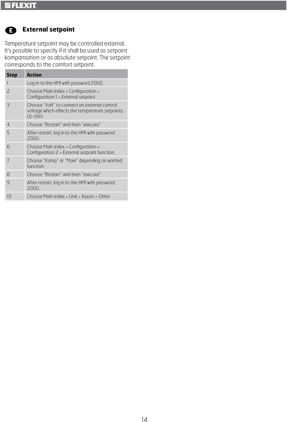 Step Action 1 Log in to the HMI with password 2 Choose Main index > Configuration > Configuration 1 > External setpoint 3 Choose Volt to connect an external control voltage which effects the