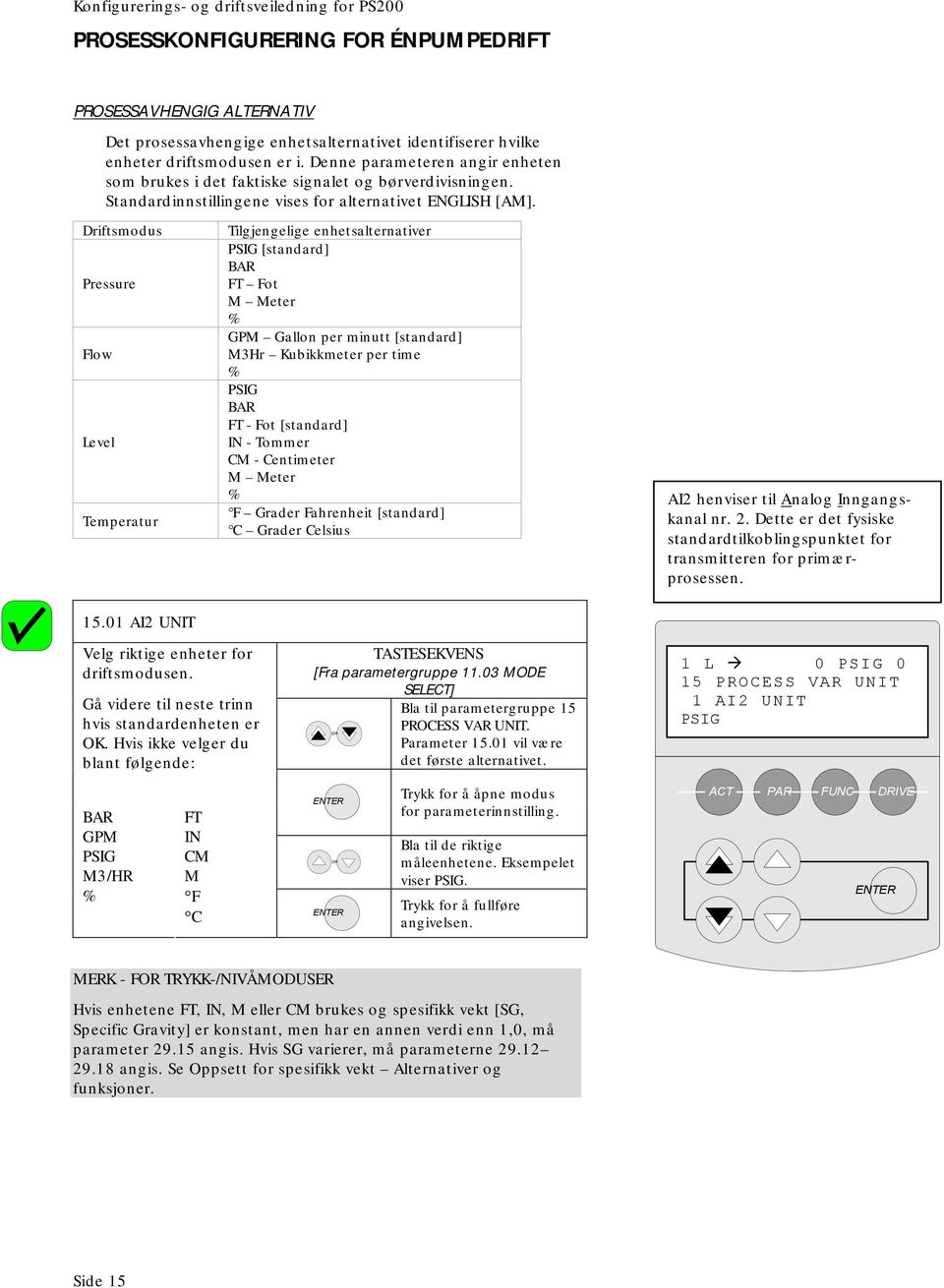 Driftsmodus Pressure Flow Level Temperatur Tilgjengelige enhetsalternativer PSIG [standard] BAR FT Fot M Meter % GPM Gallon per minutt [standard] M3Hr Kubikkmeter per time % PSIG BAR FT - Fot