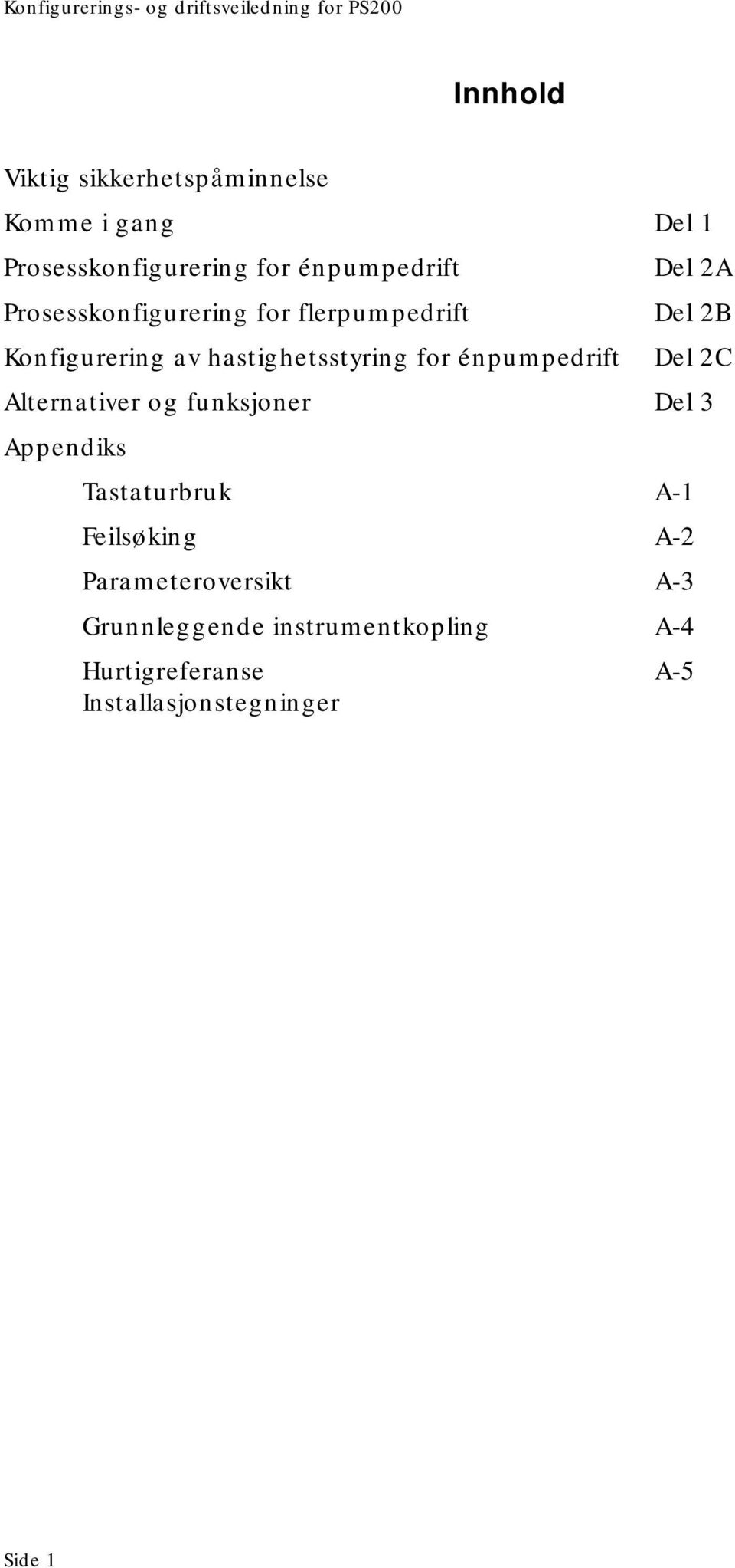 énpumpedrift Del 2C Alternativer og funksjoner Del 3 Appendiks Tastaturbruk A-1 Feilsøking A-2