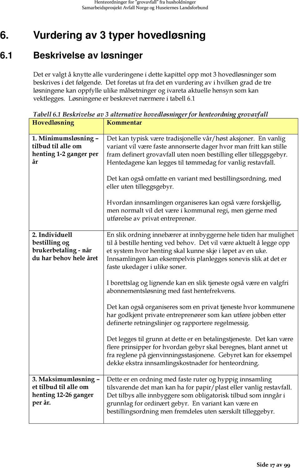 1 Tabell 6.1 Beskrivelse av 3 alternative hovedløsninger for henteordning grovavfall Hovedløsning Kommentar 1.