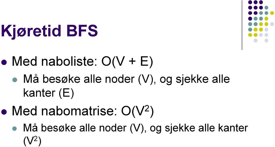 kanter (E) Med nabomatrise: O(V 2 ) Må 