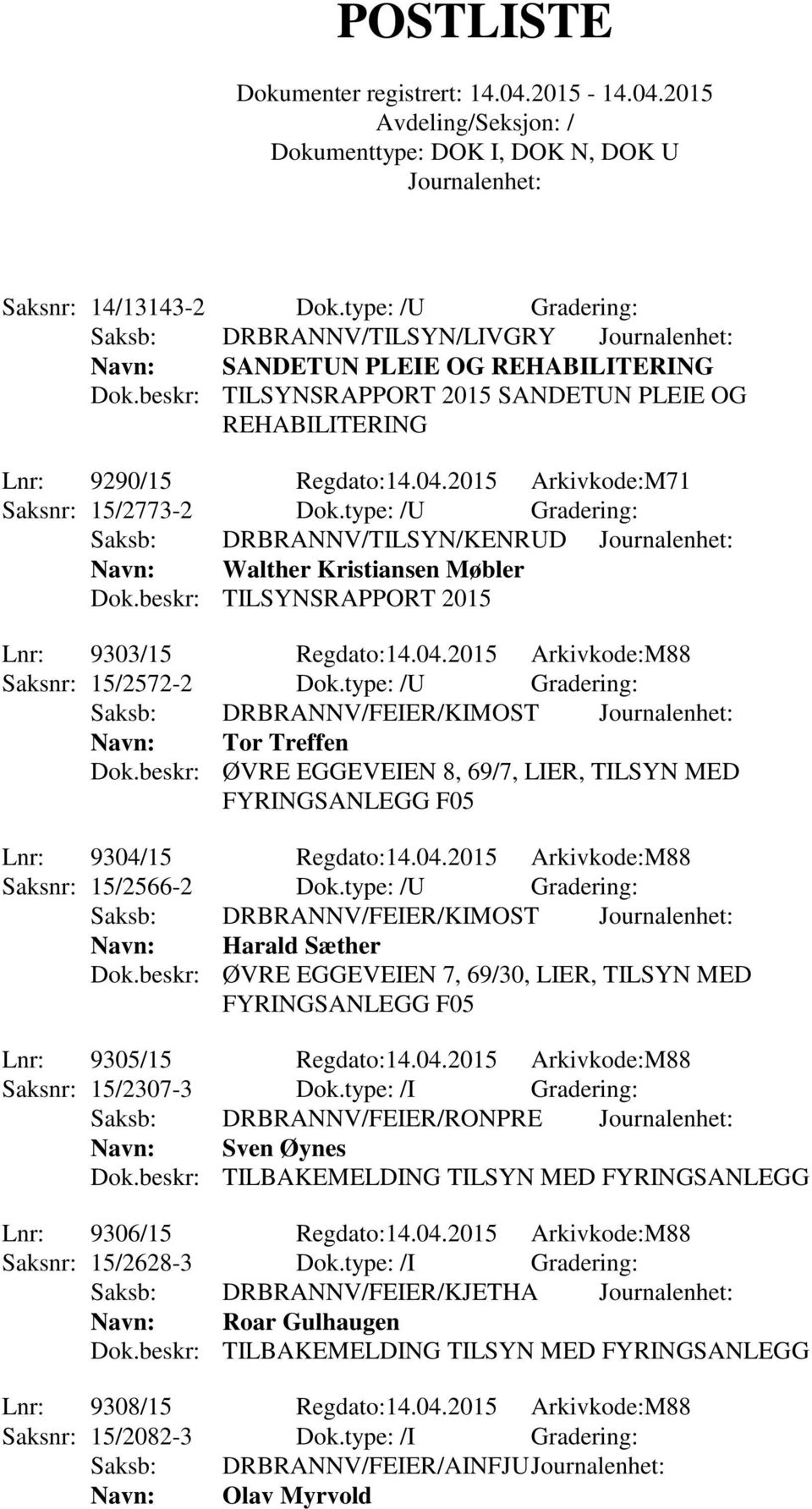 type: /U Gradering: Saksb: DRBRANNV/FEIER/KIMOST Navn: Tor Treffen Dok.beskr: ØVRE EGGEVEIEN 8, 69/7, LIER, TILSYN MED Lnr: 9304/15 Regdato:14.04.2015 Arkivkode:M88 Saksnr: 15/2566-2 Dok.