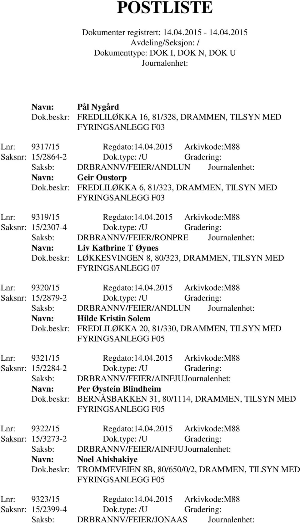 type: /U Gradering: Saksb: DRBRANNV/FEIER/RONPRE Navn: Liv Kathrine T Øynes Dok.beskr: LØKKESVINGEN 8, 80/323, DRAMMEN, TILSYN MED FYRINGSANLEGG 07 Lnr: 9320/15 Regdato:14.04.