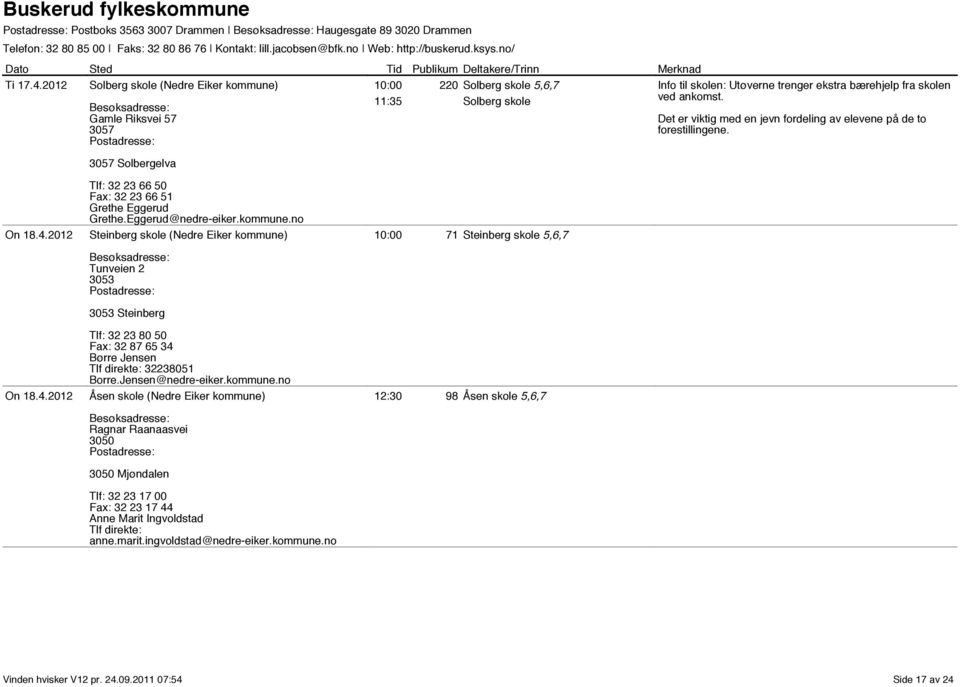 ankomst. Det er viktig med en jevn fordeling av elevene på de to forestillingene. On 18.4.2012 On 18.4.2012 Tlf: 32 23 66 50 32 23 66 51 Grethe Eggerud Grethe.Eggerud@nedre-eiker.kommune.