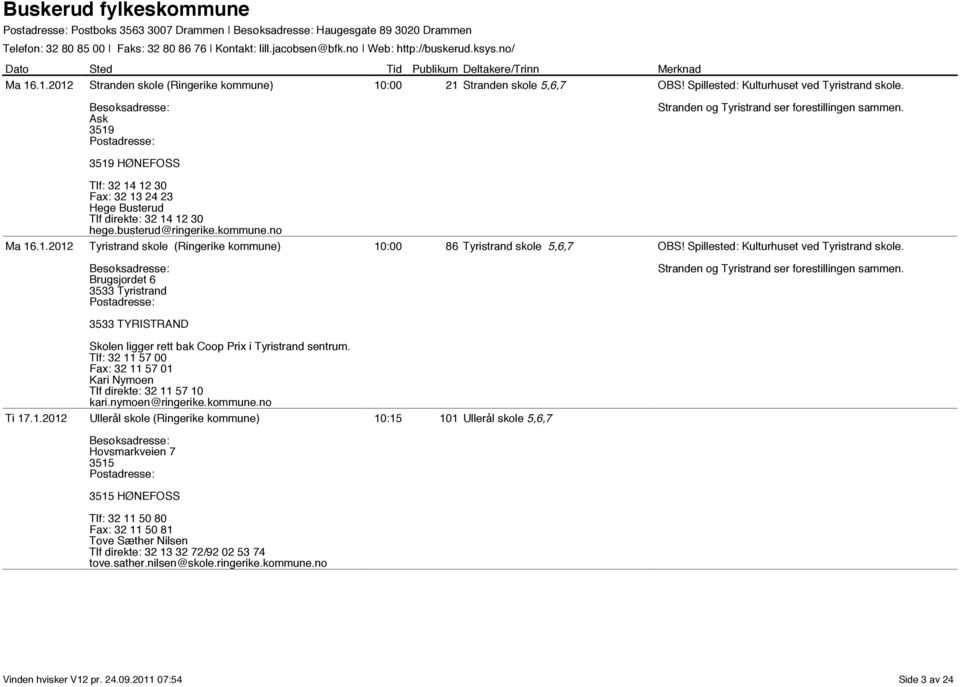 no Tyristrand skole (Ringerike kommune) Brugsjordet 6 3533 Tyristrand 3533 TYRISTRAND Skolen ligger rett bak Coop Prix i Tyristrand sentrum.