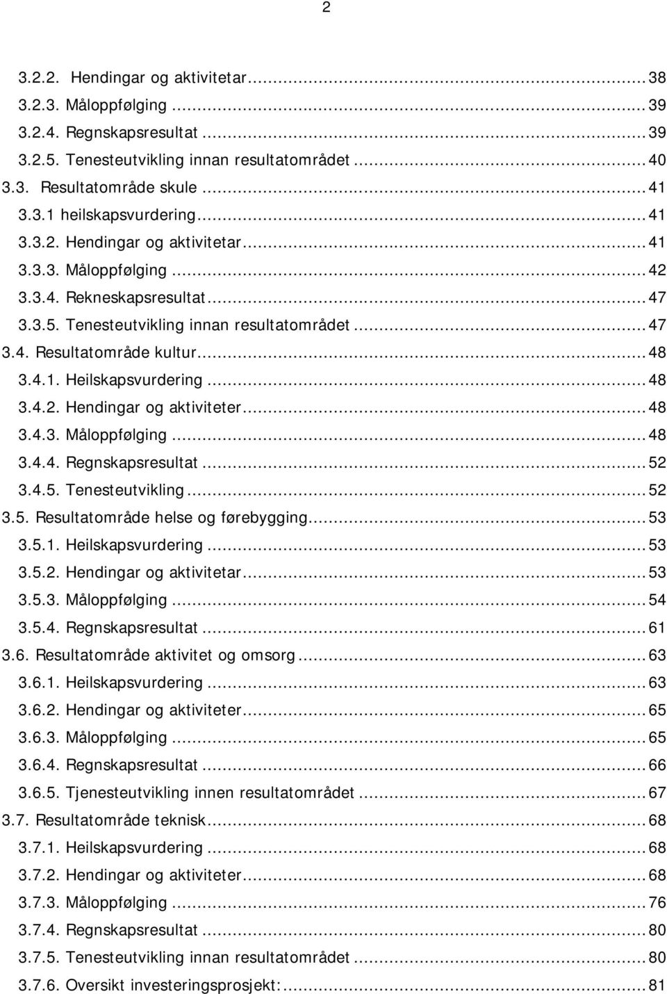 .. 48 3.4.2. Hendingar og aktiviteter... 48 3.4.3. Måloppfølging... 48 3.4.4. Regnskapsresultat... 52 3.4.5. Tenesteutvikling... 52 3.5. Resultatområde helse og førebygging... 53 3.5.1.