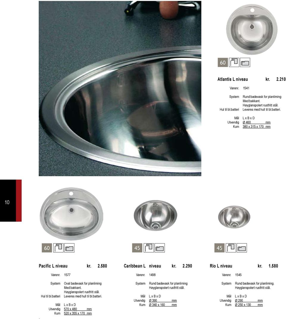 2.290 Varenr. 1498 Rund badevask for planliming Høyglanspolert rustfritt stål. Utvendig Ø 390 mm Kum Ø 340 x 160 mm Rio L niveau kr. 1.580 Varenr.