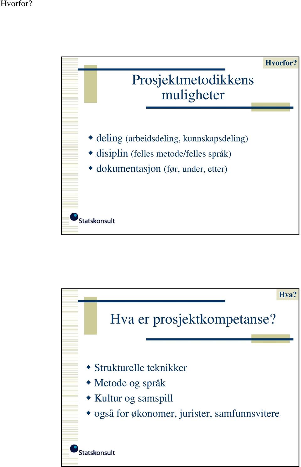 språk) dokumentasjon (før, under, etter) Hva? Hva er prosjektkompetanse?