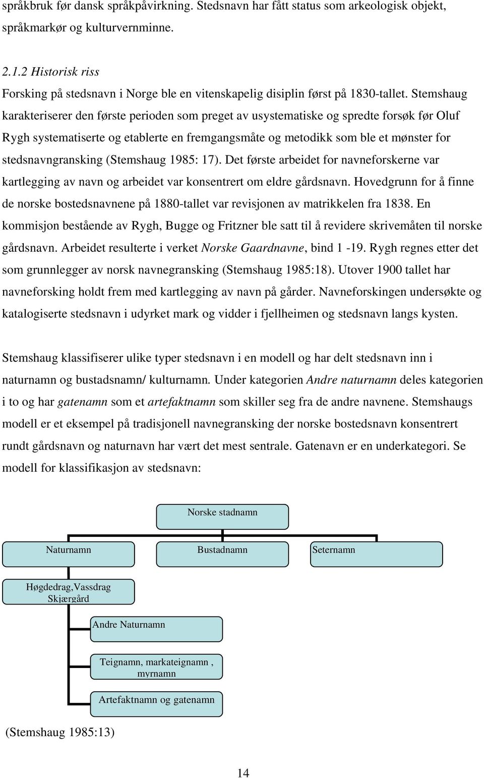 Stemshaug karakteriserer den første perioden som preget av usystematiske og spredte forsøk før Oluf Rygh systematiserte og etablerte en fremgangsmåte og metodikk som ble et mønster for