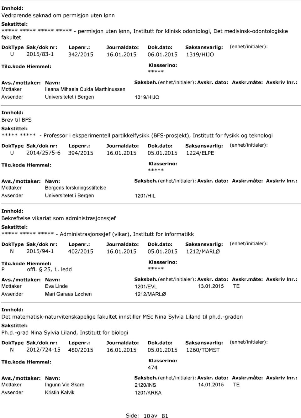 : Mottaker leana Mihaela Cuida Marthinussen 1319/HJO Brev til BF - rofessor i eksperimentell partikkelfysikk (BF-prosjekt), nstitutt for fysikk og teknologi 2014/2575-6 394/2015 05.01.2015 1224/ELE Avs.