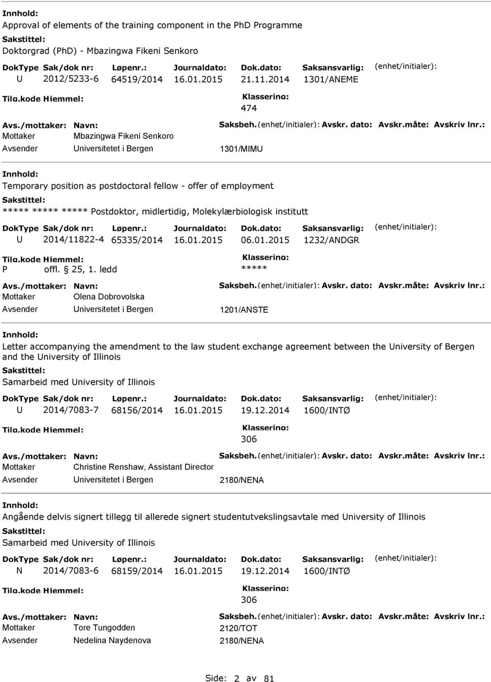 : Mottaker Mbazingwa Fikeni enkoro 1301/MM Temporary position as postdoctoral fellow - offer of employment ostdoktor, midlertidig, Molekylærbiologisk institutt 2014/11822-4 65335/2014 06.01.2015 1232/ADGR Avs.