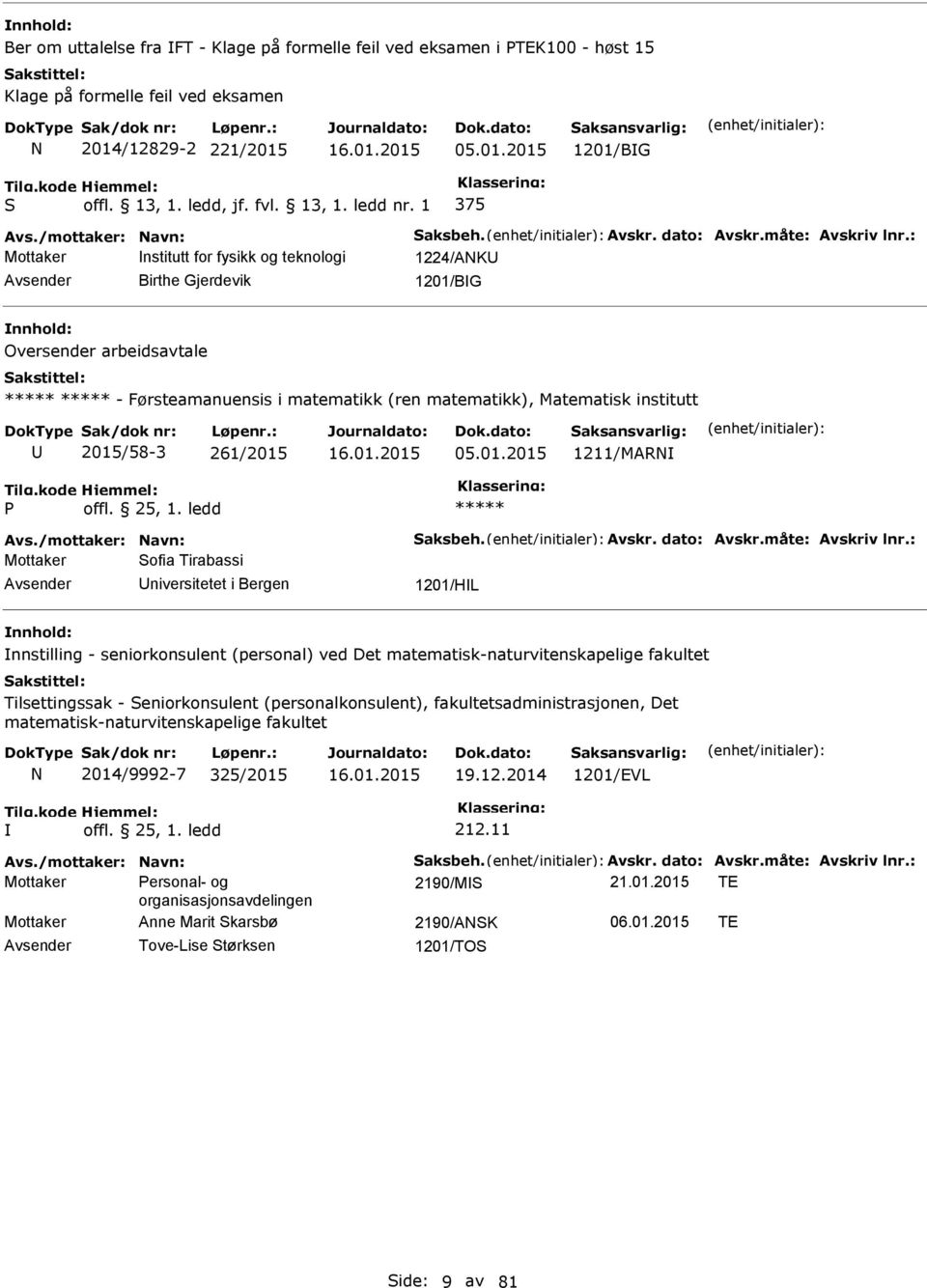 : Mottaker nstitutt for fysikk og teknologi 1224/AK Birthe Gjerdevik 1201/BG Oversender arbeidsavtale - Førsteamanuensis i matematikk (ren matematikk), Matematisk institutt 2015/58-3 261/2015 05.01.2015 1211/MAR Avs.