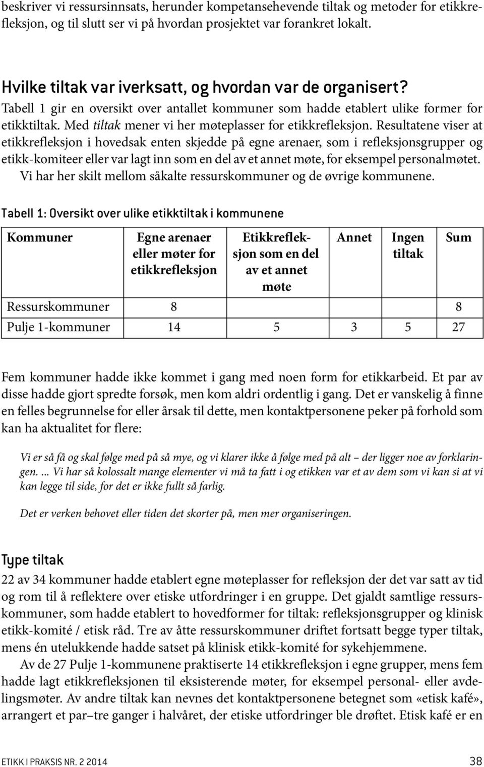 Med tiltak mener vi her møteplasser for etikkrefleksjon.