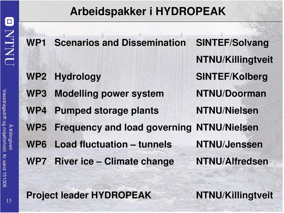 plants NTNU/Nielsen WP5 Frequency and load governing NTNU/Nielsen WP6 Load fluctuation